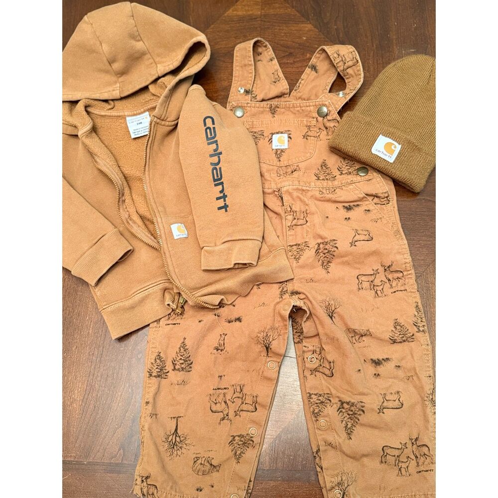 Carhartt 18M 3-Piece Outfit Lot - Deer Overalls, Tan Hoodie & Beanie